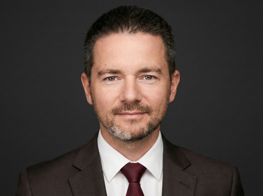 Владислав Наганов, деловой портрет в темно-коричневом пиджаке и белой рубашке